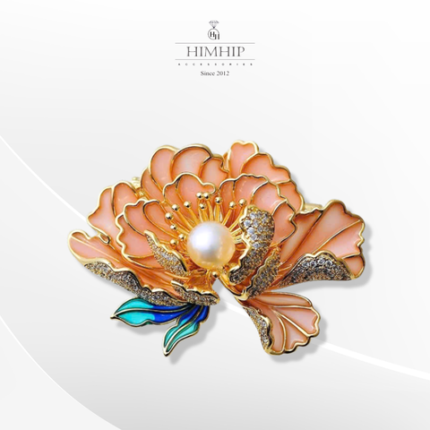 Trâm, Ghim Cài Áo HimHip HKCC Hoa Mẫu Đơn Phối Nụ Trai Thật 4*5.5cm