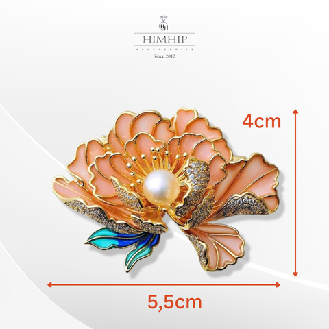 Trâm, Ghim Cài Áo HimHip HKCC Hoa Mẫu Đơn Phối Nụ Trai Thật 4*5.5cm