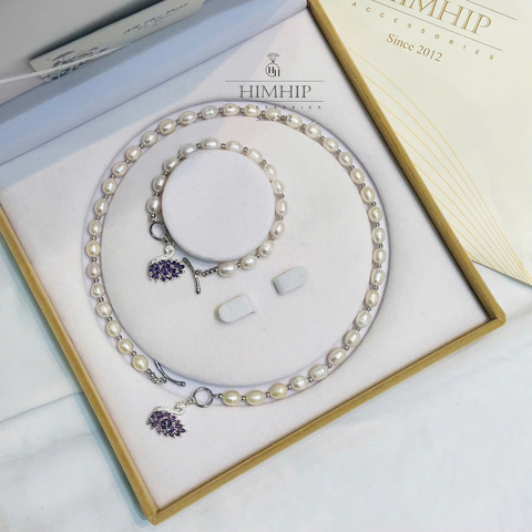 Set Trang Sức HimHip Trai Dị 7ly Vòng Cổ 73cm, Vòng Tay 17cm Phối Charm Thiên Nga Phale Tím Sang Trọng Kèm Hộp Nhung
