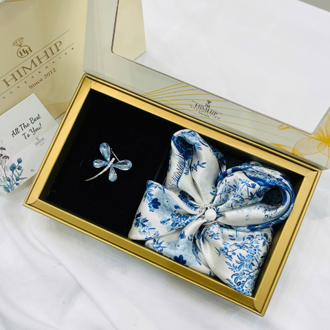 Set Quà HimHip Khăn Lụa Cao Cấp 53x53cm & Cài Khăn Và Cài Áo Kèm Túi Hộp Thiệp - 1236