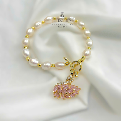 Vòng Tay HimHip Trai Thật 7Li Mặt Khóa Thiên Nga Phale Hồng Ngọc Sang Trọng 17cm
