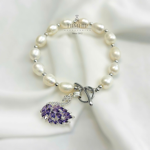 Vòng Tay HimHip Trai Thật 7Li Mặt Khóa Thiên Nga Phale Tím Ngọc Sang Trọng 17cm