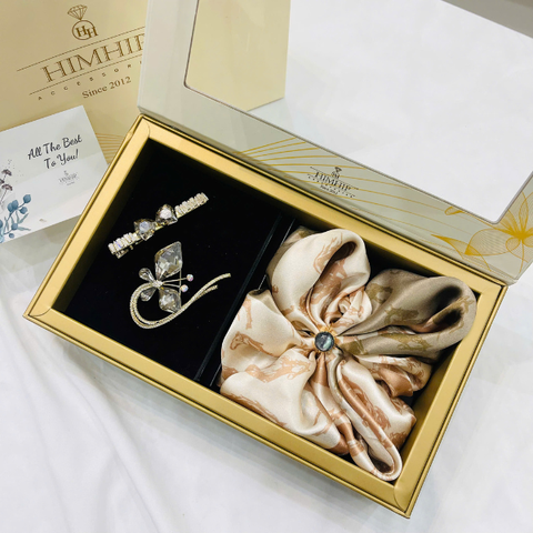 Set Quà HimHip Khăn Lụa Cao Cấp 53x53cm& Cài Khăn, Cài Áo Và Kẹp Mái Kèm Túi Hộp Thiệp - 1226