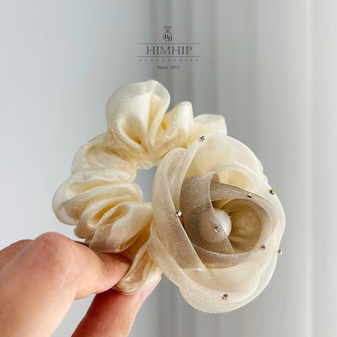 Dây Buộc Tóc HimHip Vải Nhún Phối Hoa Voan Nụ Giả Trai 5cm