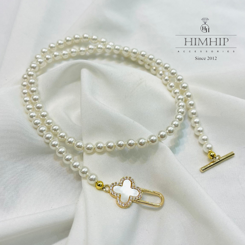 [Thiết kế] Vòng Cổ HimHip Tinh Thể Ngọc Trai Khoa Hoa Bốn Cánh May Mắn 39cm