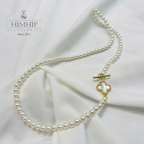 [Thiết kế] Vòng Cổ HimHip Tinh Thể Ngọc Trai Khoa Hoa Bốn Cánh May Mắn 39cm