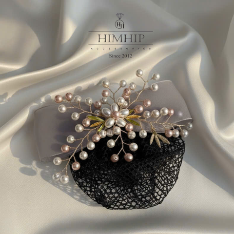 Kẹp Bối, Búi Lưới HimHip Phối Chùm Hoa Mix Giả Trai Nơ Vải Sang Trọng