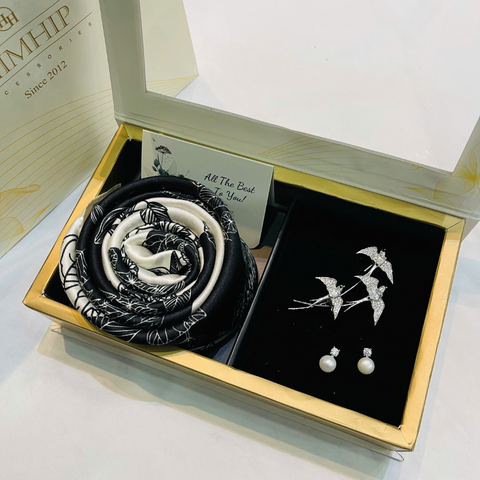 Set Quà HimHip Khăn Lụa Cao Cấp 85*85cm & Cài Áo Kèm Túi Hộp Thiệp - 1108