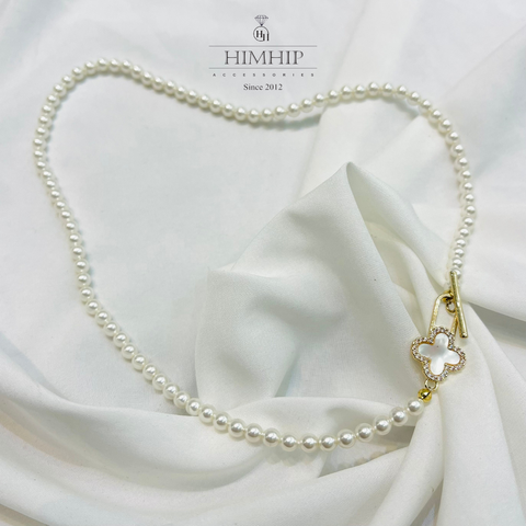 [Thiết kế] Vòng Cổ HimHip Tinh Thể Ngọc Trai Khoa Hoa Bốn Cánh May Mắn 39cm