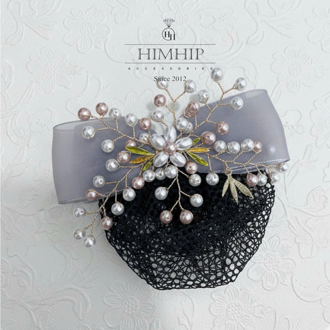 Kẹp Bối, Búi Lưới HimHip Phối Chùm Hoa Mix Giả Trai Nơ Vải Sang Trọng