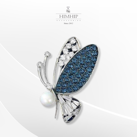Trâm, Ghim Cài Áo HimHip HKCC Bướm Ngọc Lam Phối Hạt Giả Trai 4*2.7cm
