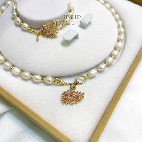 Set Trang Sức HimHip Trai Dị 7ly Vòng Cổ 73cm, Vòng Tay 17cm Phối Charm Thiên Nga Phale Hồng Ngọc Sang Trọng Kèm Hộp Nhung