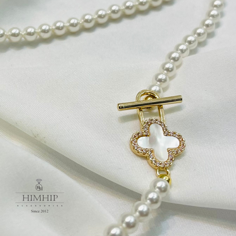 [Thiết kế] Vòng Cổ HimHip Tinh Thể Ngọc Trai Khoa Hoa Bốn Cánh May Mắn 39cm