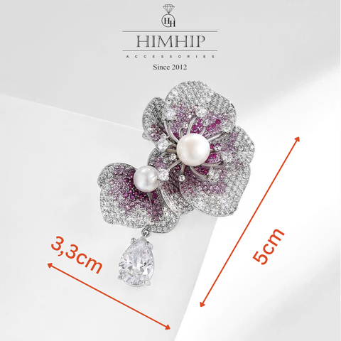 Trâm, Ghim Cài Áo HimHip HKCC Lan Hồ Điệp Nụ Trai Thật Phối Giọt Phale 5*3.3cm