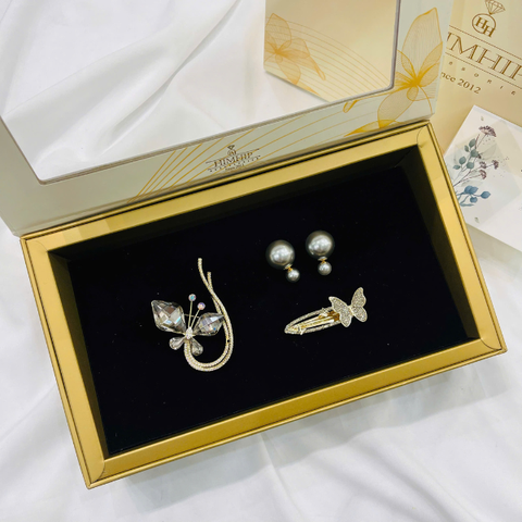 Set Quà 8/3 HimHip Khuyên Tai, Cài Áo & Kẹp Mái Kèm Túi Hộp Thiệp - 1168