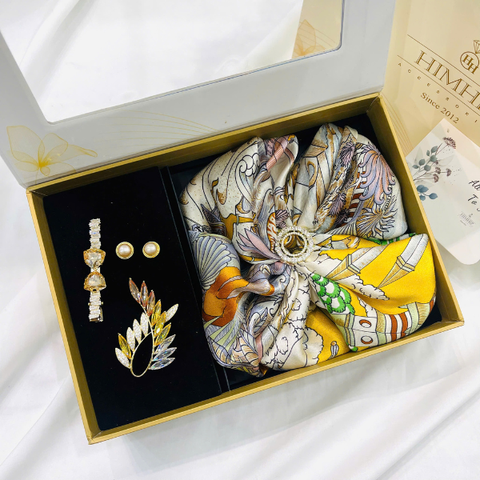 Set Quà HimHip Khăn Lụa Cao Cấp 65x65cm & Cài Khăn, Cài Áo, Khuyên Tai Và Kẹp Mái Kèm Túi Hộp Thiệp - 1185