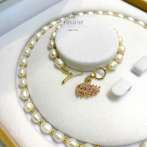 Set Trang Sức HimHip Trai Dị 7ly Vòng Cổ 73cm, Vòng Tay 17cm Phối Charm Thiên Nga Phale Hồng Ngọc Sang Trọng Kèm Hộp Nhung