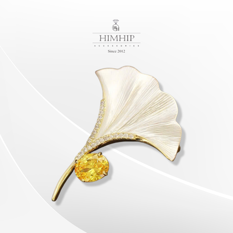 Trâm, Ghim Cài Áo HimHip HKCC Lá Rẻ Quạt Phối Hạt Phale Ánh Vàng 4.5*3.7cm