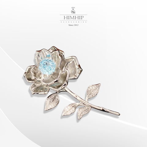 Trâm, Ghim Cài Áo HKCC Hoa Hồng Trắng Phối Nụ Phale Xanh Sang Trọng 6.5*4cm