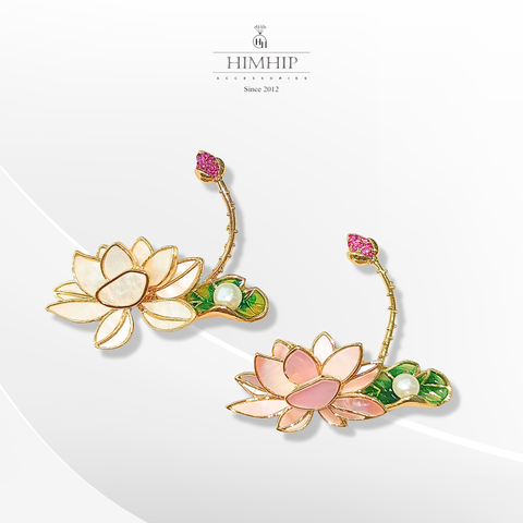 Trâm, Ghim Cài Áo HimHip HKCC Sen Hồng Phối Búp Sen Phale Đính Sương Trai Thật 4.5*4cm