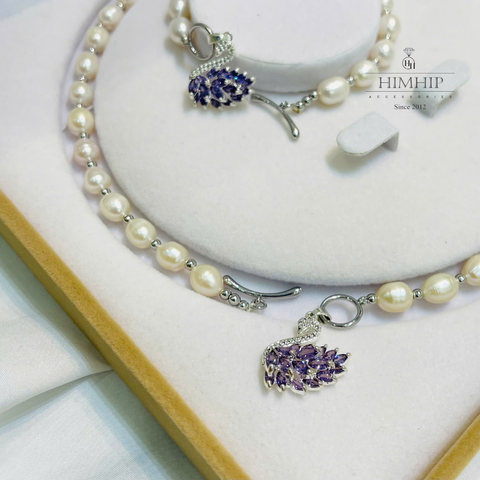 Set Trang Sức HimHip Trai Dị 7ly Vòng Cổ 73cm, Vòng Tay 17cm Phối Charm Thiên Nga Phale Tím Sang Trọng Kèm Hộp Nhung