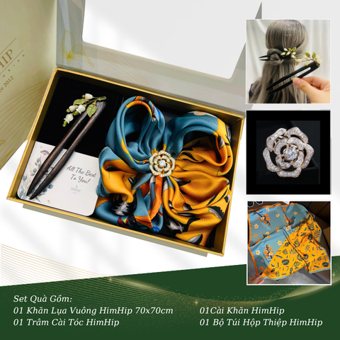 Set Quà HimHip Khăn Lụa Vuông 70x70cm & Cài Khăn, Trâm Cài Tóc Kèm Túi Hộp Thiệp - 642