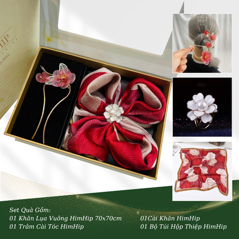 Set Quà HimHip Khăn Lụa Vuông 70x70cm & Cài Khăn, Trâm Cài Tóc Kèm Túi Hộp Thiệp - 639
