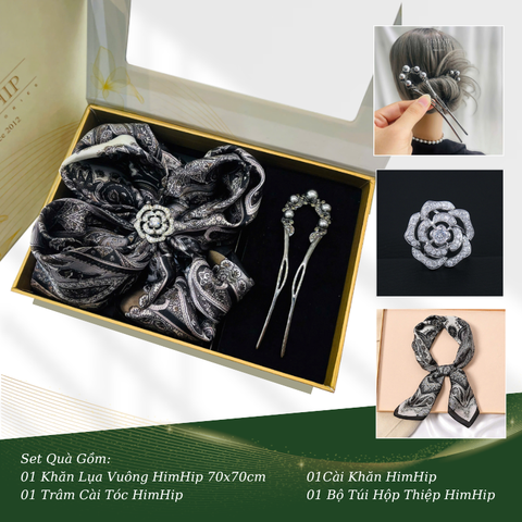 Set Quà HimHip Khăn Lụa Vuông 70x70cm & Cài Khăn, Cài Áo, Trâm Cài Tóc Kèm Túi Hộp Thiệp - 635