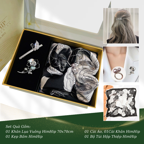 Set Quà HimHip Khăn Lụa Vuông 70x70cm & Cài Khăn, Cài Áo, Kẹp Tóc Kèm Túi Hộp Thiệp - 634