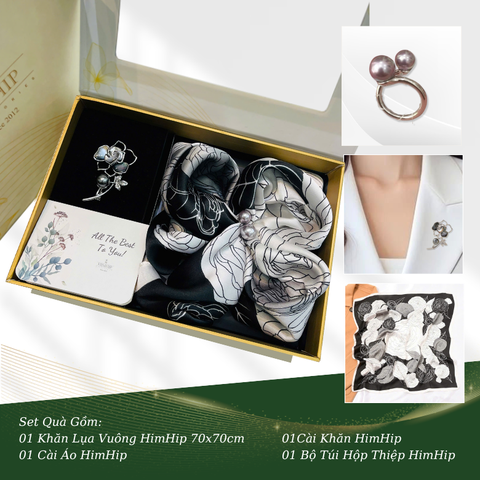 Set Quà HimHip Khăn Lụa Vuông 70x70cm & Cài Khăn, Cài Áo Kèm Túi Hộp Thiệp - 625