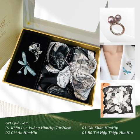 Set Quà HimHip Khăn Lụa Vuông 70x70cm & Cài Khăn, Cài Áo Kèm Túi Hộp Thiệp - 616