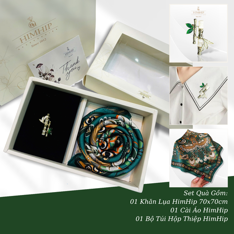 Set Quà HimHip Khăn Lụa Vuông 70x70cm & Cài Áo Kèm Túi Hộp Thiệp - 502