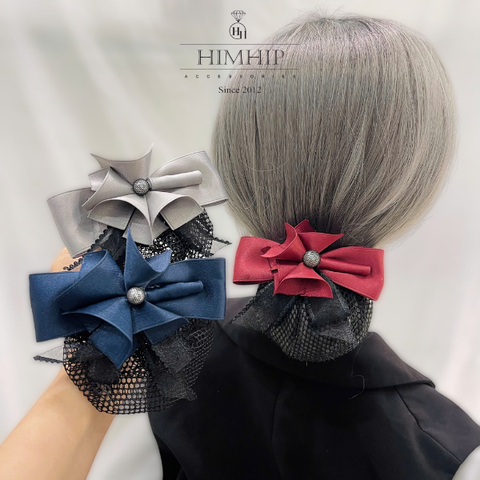 Kẹp Bối, Búi Lưới HimHip Phối Vải Trơn Tạo Hình Bó Hoa Thanh Lịch 7x12cm