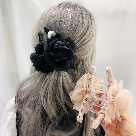 Kẹp Càng Cua HimHip Composite Hoa Hồng Vải Voan Phối Hạt Giả Trai Thanh Lịch 13*7cm