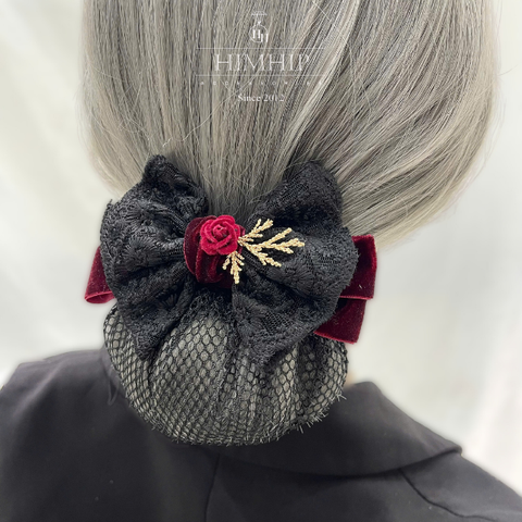 Kẹp Bối, Búi Lưới HimHip Phối Vải Nhung Nơ Đen Charm Hoa Hồng Tiểu Thư Sang Trọng 13x8cm