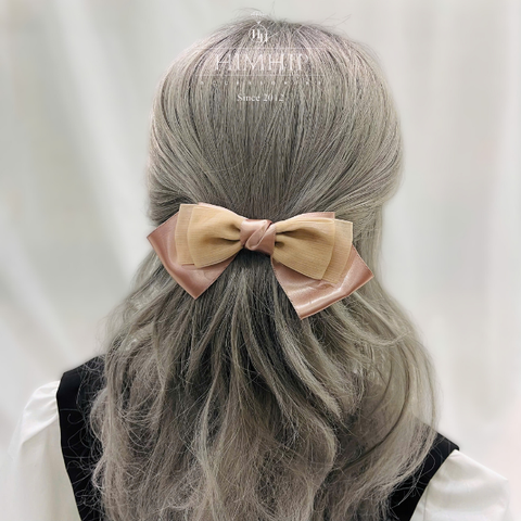 Kẹp Bối, Búi Lưới HimHip Phối Vải Voan Nơ Nâu Thanh Lịch 14cm