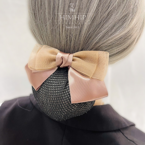 Kẹp Bối, Búi Lưới HimHip Phối Vải Voan Nơ Nâu Thanh Lịch 14cm