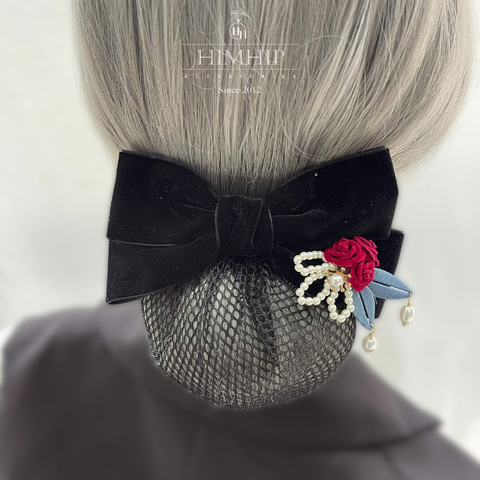 Kẹp Bối, Búi Lưới HimHip Đính Hạt Giả Trai Nơ Đen Mix Hoa Hồng Nhỏ Sang Trọng 14cm