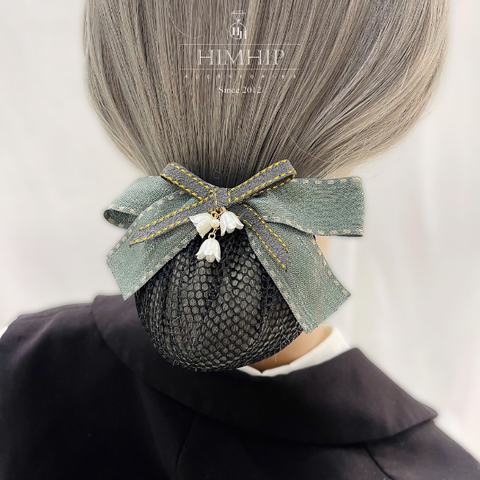Kẹp Bối, Búi Lưới HimHip Mix Hạt Giả Trai Nơ Xanh Đính Hoa Chuông Thanh Lịch 13cm