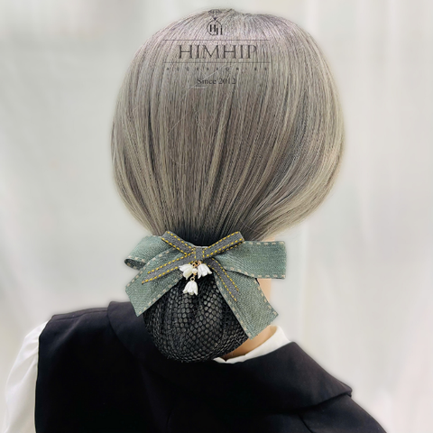Kẹp Bối, Búi Lưới HimHip Mix Hạt Giả Trai Nơ Xanh Đính Hoa Chuông Thanh Lịch 13cm