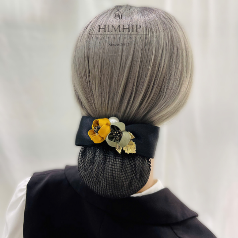 Kẹp Bối, Búi Lưới HimHip Mix Hạt Giả Trai 2 Bông Hoa Sang Trọng 13.5cm