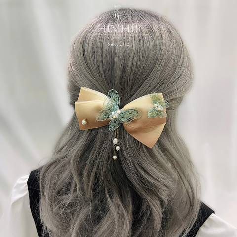 Kẹp Bối, Búi Lưới HimHip Mix Ngọc Trai Thật Nơ Nâu Nhạt Phối Bướm Thanh Lịch 12cm