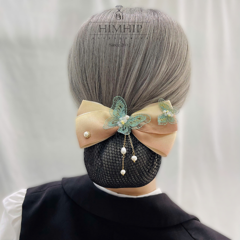 Kẹp Bối, Búi Lưới HimHip Mix Ngọc Trai Thật Nơ Nâu Nhạt Phối Bướm Thanh Lịch 12cm