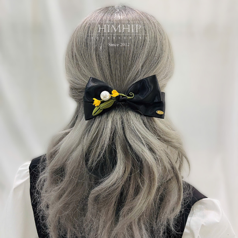 Kẹp Bối, Búi Lưới HimHip Mix Hạt Giả Trai Nơ Đen Phối Hoa Lá Thanh Lịch 8x14cm