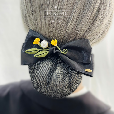 Kẹp Bối, Búi Lưới HimHip Mix Hạt Giả Trai Nơ Đen Phối Hoa Lá Thanh Lịch 8x14cm