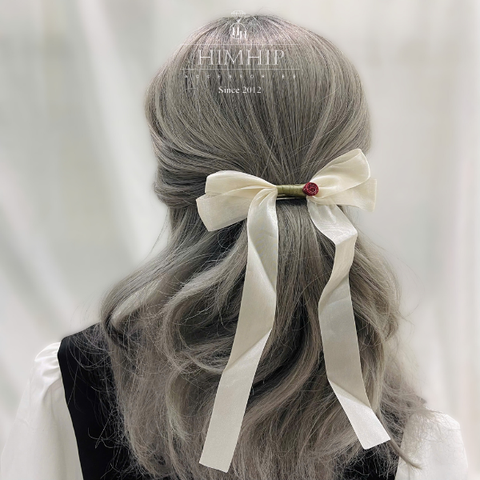 Kẹp Bối, Búi Lưới HimHip Phối Vải Voan Nơ Trắng Dây Dài Charm Hoa Hồng Thanh Lịch 13.5cm