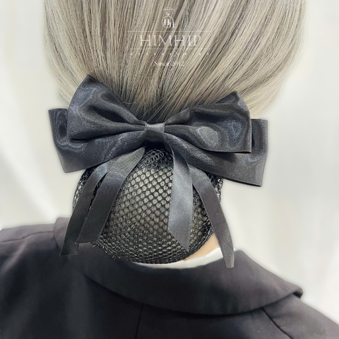 Kẹp Bối, Búi Lưới HimHip Phối Vải Trơn Nơ Đen Tua Rua Thanh Lịch 13cm