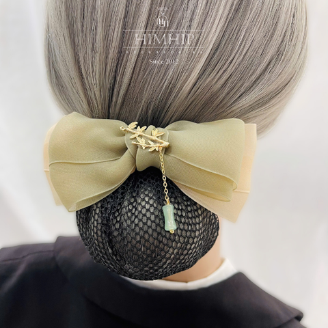 Kẹp Bối, Búi Lưới HimHip Phối Vải Voan Nơ Xanh Charm Trúc Tiểu Thư Thanh Lịch 13x8cm