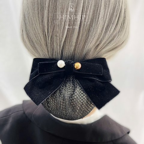 Kẹp Bối, Búi Lưới HimHip Đính 2 Hạt Giả Trai Nơ Nhung Thanh Lịch 14cm