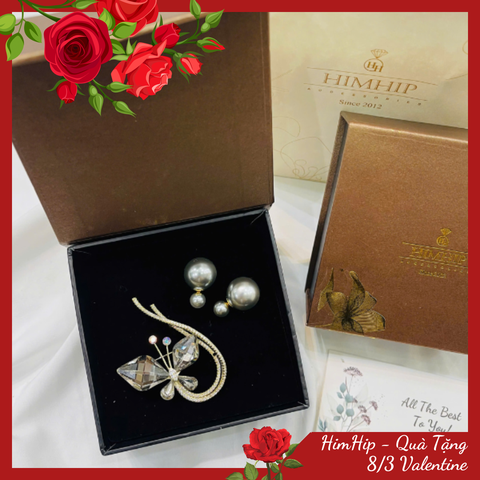 Set Quà 8/3 HimHip Khuyên Tai & Cài Áo Kèm Túi Hộp Thiệp - 256